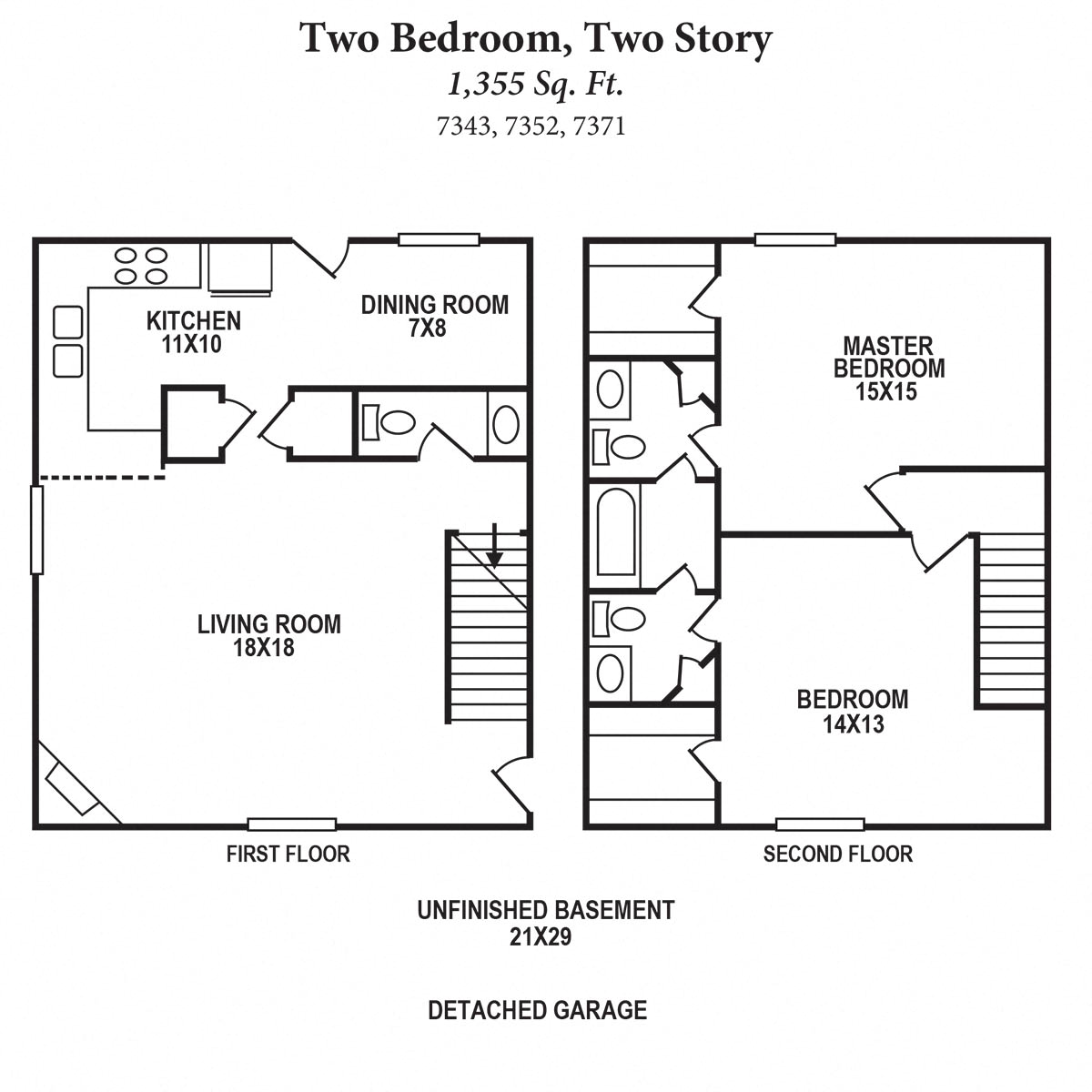 Floor plan for 2 beds, 1.5 baths, 1355 sqft